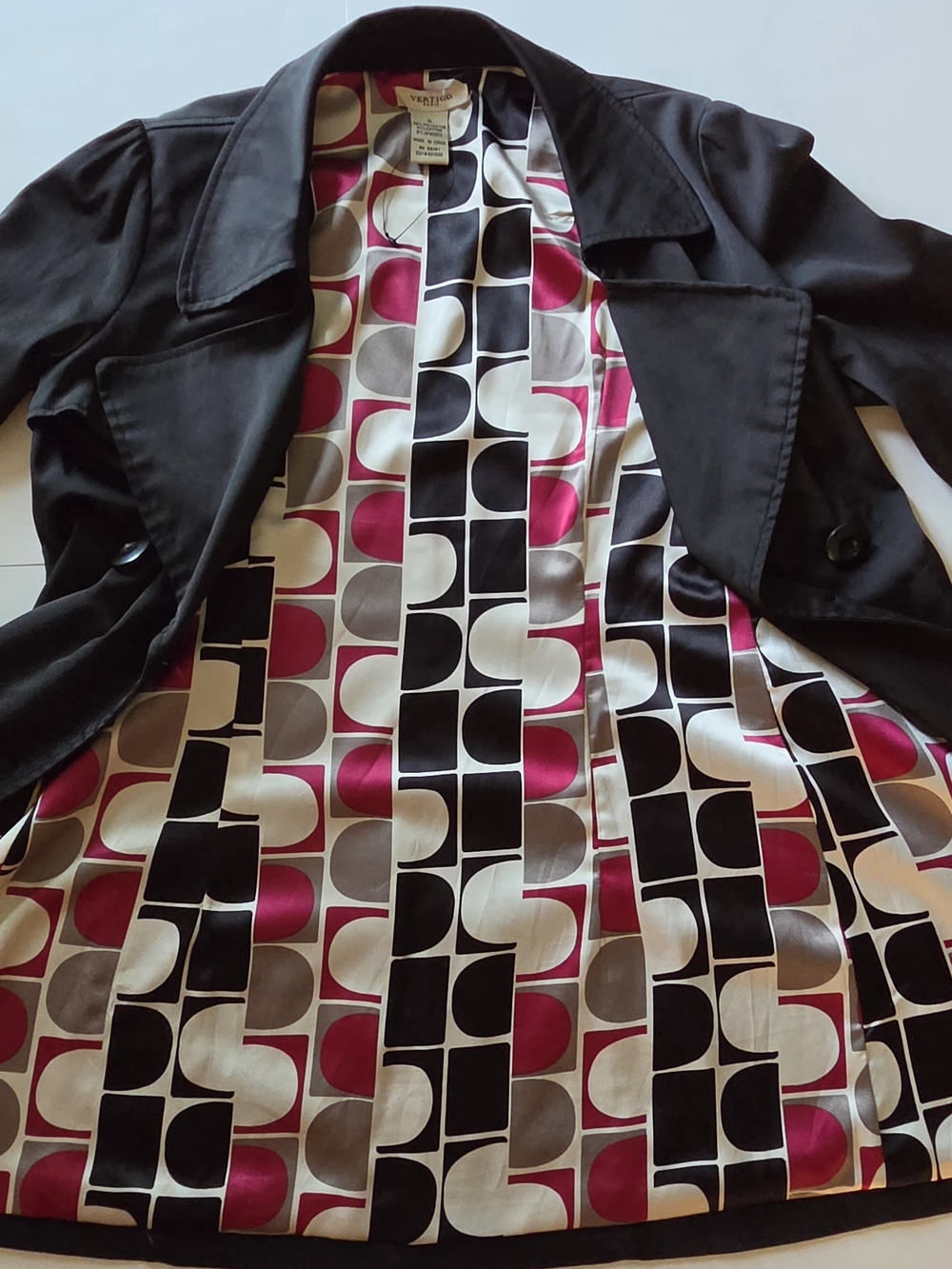 Vertigo Paris Black Trench Coat Jacket S Geometric Lining Y2K Retro Outerwear M